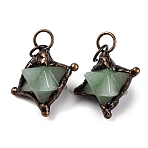 Natural Green Aventurine Merkaba Star Pendants, Brass Star Charms with Jump Rings, Red Copper, 36x30x24mm, Hole: 7mm(G-C144-01R-05)
