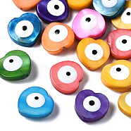 Natural Freshwater Shell Beads, with Enamel, Double-Faced, Heart with Evil Eye, Dyed, Mixed Color, 13x13~14x4~6mm, Hole: 0.8mm(SHEL-N003-05)