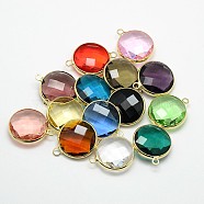 Golden Tone Brass Glass Pendants, Flat Round, Mixed Color, 12x9x5mm, Hole: 2mm(X-GLAA-J018A-G)