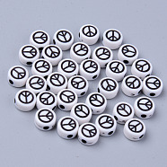 Opaque White Acrylic Beads, Flat Round with Black Peace Sign, 6.5x3.5mm, Hole: 1.6mm, about 3600pcs/500g(MACR-S273-42A)