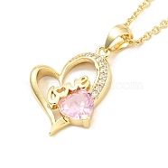 Cubic Zirconia Heart with Word Love Pendant Necklace, Gold Plated Brass Jewelry for Women, Pink, 15.75 inch(40cm)(NJEW-F293-02B-G)