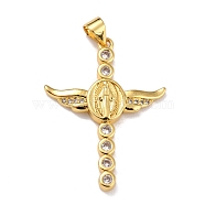 Brass Micro Pave Clear Cubic Zirconia Pendants, Cross with Wing, Real 18K Gold Plated, 31.5x23.5x3mm, Hole: 4x3mm(ZIRC-A021-21G)