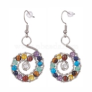 Natural & Synthetic Mixed Gemstone Braided Vortex Dangle Earrings, 316 Surgical Stainless Steel Wire Wrap Swirl Spiral Drop Earrings for Women, Platinum, 55mm, Pin: 0.7mm(X-EJEW-JE04906-02)