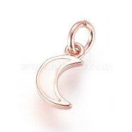 Enamel Brass Charms, with Jump Ring, Moon, White, Rose Gold, 10x6x2mm, Hole: 3mm(KK-G364-16RG-01)