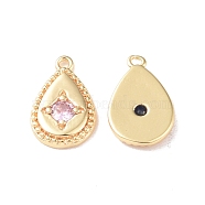 Brass Charms, with Glass, Teardrop Charm, Real 18K Gold Plated, Pink, 12x8x2mm, Hole: 1mm(KK-I702-02A)