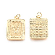 Brass Pendants, with Jump Rings, Cadmium Free & Nickel Free & Lead Free, Rectangle with Letter, Real 18K Gold Plated, Letter.V, 22.5x16x2mm, Jump Ring: 5x1mm, 3mm inner diameter(KK-N232-512V)