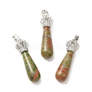 Natural Unakite Pendants, Teardrop Charms, with Brass Crystal Rhinestone Crown Findings, Platinum, Cadmium Free & Lead Free, 36~39x9.5~11mm, Hole: 5x8mm(G-G976-01P-07)