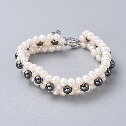 Non-Magnetic Synthetic Hematite Beads Bracelets, with Natural Pearl Beads, 304 Stainless Steel Lobster Claw Clasps and Kraft Paper Cardboard Jewelry Boxes, 7-5/8 inch(19.5cm)(BJEW-JB04605)