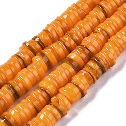 Natural Freshwater Shell Beads Strands, Dyed, Flat Round/Disc, Heishi Beads, Coral, 6x6x1~2.5mm, Hole: 1mm, about 201~208pcs/strand, 15.20~15.43 inch(38.6~39.2cm)(X-SHEL-Q024-001H)