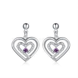 Filigree Heart Brass Cubic Zirconia Dangle Earrings, Purple, Silver Color Plated, 23x17mm(EJEW-BB09819-A)