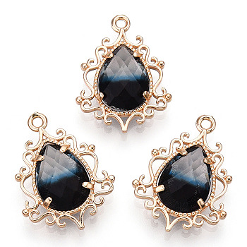 Brass Pendants, Two Tone, with Faceted Glass, Teardrop, Golden, Black, 25.5x19x6mm, Hole: 1.6mm