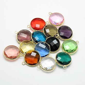 Golden Tone Brass Glass Pendants, Flat Round, Mixed Color, 12x9x5mm, Hole: 2mm