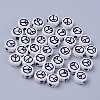 Opaque White Acrylic Beads, Flat Round with Black Peace Sign, 6.5x3.5mm, Hole: 1.6mm, about 3600pcs/500g