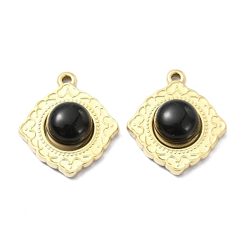 Natural Black Onyx(Dyed & Heated) Rhombus Pendants, 304 Stainless Steel Charms, Real 14K Gold Plated, 20x17.5x6mm, Hole: 1.5mm