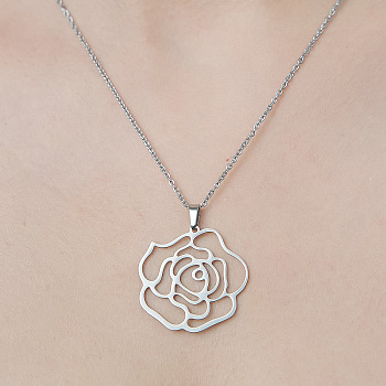 201 Stainless Steel Hollow Flower Pendant Necklace, Stainless Steel Color, 17.72 inch(45cm)