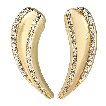 Rack Plating Brass Micro Pave Cubic Zirconia Stud Earrings, Horn, Real 16K Gold Plated, 27x11mm