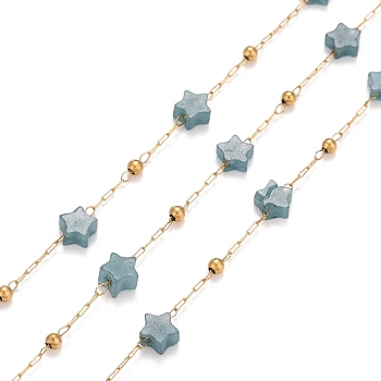 Ion Plating(IP) 304 Stainless Steel Satellite Chains, with Natural Apatite Star Beaded, Unwelded, with Spool, Golden, 4x4x2mm