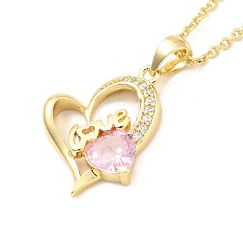 Cubic Zirconia Heart with Word Love Pendant Necklace, Gold Plated Brass Jewelry for Women, Pink, 15.75 inch(40cm)