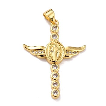 Brass Micro Pave Clear Cubic Zirconia Pendants, Cross with Wing, Real 18K Gold Plated, 31.5x23.5x3mm, Hole: 4x3mm