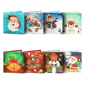 DIY Christmas Greeting Card Diamond Painting Kit, Including Envelope, Resin Rhinestones Bag, Diamond Sticky Pen, Tray Plate & Glue Clay, Mixed Shapes, 150x150mm, 8pcs/set