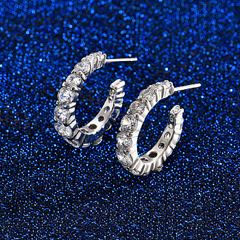 Brass Micro Pave Cubic Zirconia Ring Stud Earrings, Half Hoop Earrings, Platinum, No Size 