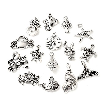 Tibetan Style Alloy Pendants, Ocean Animals Charms, Antique Silver, 14~29x10~21x2~6mm, Hole: 1.2~1.6mm, 15pcs/bag