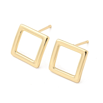 Brass Stud Earrings, Hollow Square, Light Gold, 12x12mm