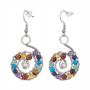 Natural & Synthetic Mixed Gemstone Braided Vortex Dangle Earrings, 316 Surgical Stainless Steel Wire Wrap Swirl Spiral Drop Earrings for Women, Platinum, 55mm, Pin: 0.7mm