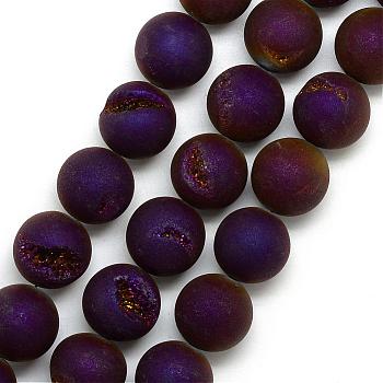 Electroplated Natural Druzy Geode Agate Beads Strands, Dyed, Frosted, Round, Purple Plated, 12mm, Hole: 1.5mm, about 33pcs/strand, 16.3 inch