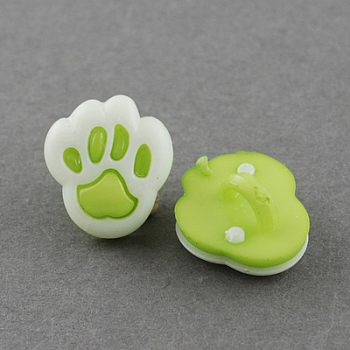 Acrylic Shank Buttons, 1-Hole, Dyed, Paw, Yellow Green & White, 13x12x8mm, Hole: 4x2mm