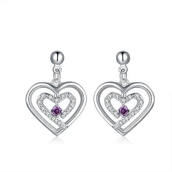 Filigree Heart Brass Cubic Zirconia Dangle Earrings, Purple, Silver Color Plated, 23x17mm