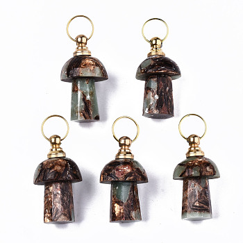 Assembled Synthetic Bronzite and Aqua Terra Jasper Openable Perfume Bottle Pendants, with Light Gold Brass Findings, Dyed, Capacity: 1ml(0.03 fl. oz), 34~35x20~21mm, Hole: 10.5mm