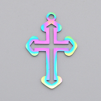 Ion Plating(IP) 201 Stainless Steel Pendants, Laser Cut, Cross, Rainbow Color, 30x20x1mm, Hole: 2mm