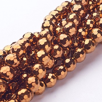 Non-magnetic Synthetic Hematite Beads Strands, Vacuum Plating, Faceted(128 Facets), Round, Red Copper Plated, 10mm, hole: 1mm; about 41pcs/strand, 15.7 inch