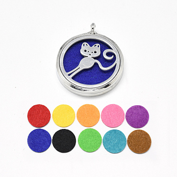 Alloy Kitten Diffuser Locket Pendants, with 304 Stainless Steel Findings and Random Single Color Non-Woven Fabric Cabochons Inside, Magnetic, Flat Round with Cartoon Cat, Random Single Color, 39.5x34x6.5mm, Hole: 3.5mm