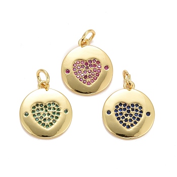 Cubic Zirconia Pendants, with Rack Plating Real 18K Gold Plated Brass Findings, with Jump Rings, Long-Lasting Plated, Lead Free & Cadmium Free, Round, Mixed Color, 16x13.5x1.5mm, Jump Ring: 5x0.8mm, 3.4mm Inner Diameter