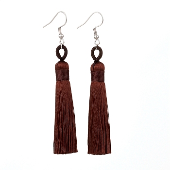 Polyester Tassel Earrings, with 304 Stainless Steel Earring Hooks, Stainless Steel Color, Coconut Brown, 82mm, Pin: 0.6mm