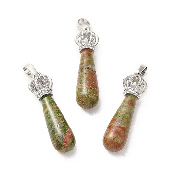 Natural Unakite Pendants, Teardrop Charms, with Brass Crystal Rhinestone Crown Findings, Platinum, Cadmium Free & Lead Free, 36~39x9.5~11mm, Hole: 5x8mm