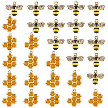 30Pcs 2 Style Alloy Pendants, Alloy Rhinestone Pendants, with Enamel, Bees & Honeycomb, Golden, 14~21x16.5~17x1.5~4mm, Hole: 1.6~1.8mm, 15pcs/style