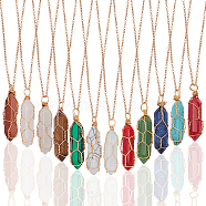 12Pcs 12 Style Natural & Synthetic Mixed Gemstone Bullet Pendant Necklaces Set, Golden Brass Wired Wrapped Necklace with Iron Chains for Women, 18.62 inch(47.3cm), 1 Pc/style(NJEW-AN0001-02)