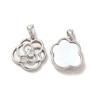Brass Crystal Rhinestone Flower Charms with Natural Shell, Platinum, 15x14x4mm, Hole: 2x4.8mm(KK-I703-12P)