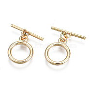 Brass Toggle Clasps, with Jump Rings, Nickel Free, Ring, Real 18K Gold Plated, 19mm, Bar: 15x4x1mm, Hole: 1.5mm, Ring: 13.5x10.5x1.5mm, Hole: 1.5mm(X-KK-T056-50G-NF)