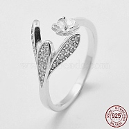 Adjustable Rhodium Plated 925 Sterling Silver Cuff Rings, Open Rings Components, For Half Drilled Beads, with Cubic Zirconia, Flower and Leaf, Size 6, Platinum, Tray: 5mm, 16mm, pin: 0.6mm(STER-K038-017P)