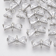 Brass Links connectors, with Micro Pave Cubic Zirconia, Bowknot, Clear, Platinum, 6.5x12x3.5mm, Hole: 1mm(ZIRC-S065-002)