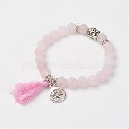 Natural Rose Quartz Beads Stretch Bracelets, with Brass & Alloy Findings & Tassel Pendants, Frosted, Round & Buddha Head, Burlap Packing, 2-1/8 inch(53mm)(BJEW-JB02812-02)