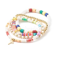 Stackable Bracelets, Stretch Beaded Bracelets Sets, with Polymer Clay Beads, Brass Beads and Cross Charms, Golden, Mixed Color, Inner Diameter: 2-1/4 inch(5.6cm), 4pcs/set(BJEW-JB06300)