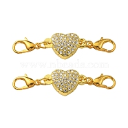 Alloy Crystal Rhinestone Magnetic Clasps, with Lobster Claw Clasps, Heart, Golden, 45mm, Lobster Clasp: 12x7x3mm, Heart: 11x18x7mm(ALRI-YW0001-10G)