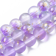 Frosted Spray Painted Glass Beads Strands, with Golden Foil, Round, Medium Purple, 8~9mm, Hole: 1.2~1.5mm, about 46~56pcs/Strand, 14.37 inch~16.3 inch(36.5~41.4cm)(GLAA-N035-03C-C05)