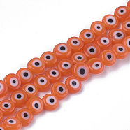 Handmade Evil Eye Lampwork Beads Strands, Flat Round, Coral, 6x2.5mm, Hole: 1mm, about 64~65pcs/strand, 14.1 inch~14.5 inch(LAMP-S191-01A-01)