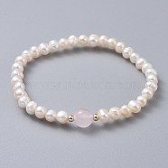 Stretch Grade A Natural Freshwater Pearl Bracelets, with Natural Rose Quartz Beads and Brass Beads, 2 inch(5.1cm)(BJEW-JB04623-01)